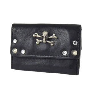 Portafoglio in pelle lavata piccolo e compatto. borchiato con strass e una borchia centrale a forma di teschio