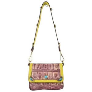 Borsetta Magenta in pelle stampata cocco viola e dettagli gialli e azzurro
