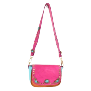 Borsetta in pelle colorata e borchiata con turchesi e strass