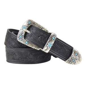 Cintura in cuoio stampata a fuoco con trittico impreziosito da simil pietre turchesi