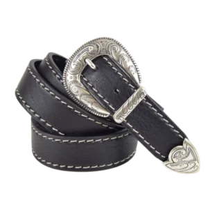 Cintura in cuoio cucita a marcapunto con trittico in stile western