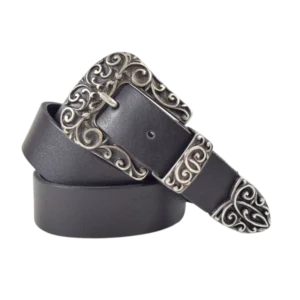 Cintura in cuoio nero con trittico lavorato in stile gotico color canna di fucile