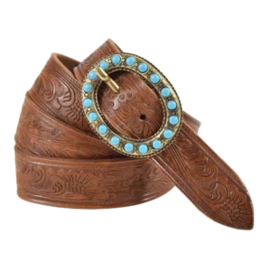 Cintura in cuoio stampato a fuoco con motivi floreali e fibbia ottone adornata con simil pietre turchesi