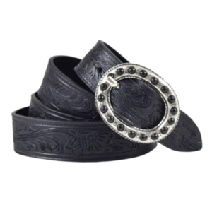 Cintura in cuoio stampato a fuoco con motivi floreali e fibbia argento adornata con simil pietre nere