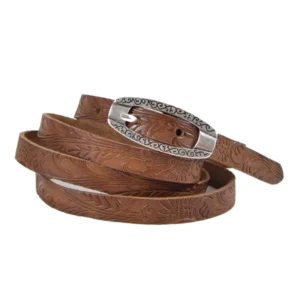 Cintura sottile in cuoio stampato a fuoco con fibbia argento decorata