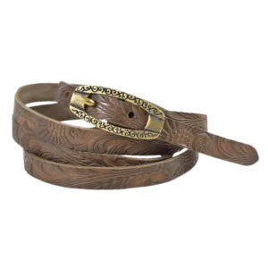 Cintura sottile in cuoio stampato a fuoco con fibbia decorata color ottone