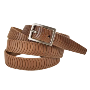 Cintura in cuoio stampato a fuoco con disegni ad arco e una fibbia classica argento satinato