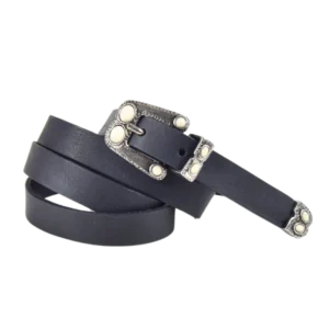 Cintura sottile in cuoio con trittico impreziosito da simil perle bianche