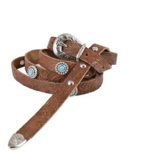 Cintura in cuoio stile western con la punta lunga per fare il nodo che pende. impreziosita con simil pietre turchesi