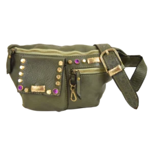 Marsupio in pelle morbida verde e impreziosito con strass viola e borchie color oro