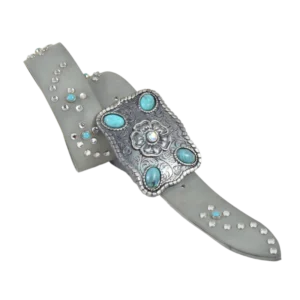 Cintura in pelle grigia borchiata con strass e simil turchesi