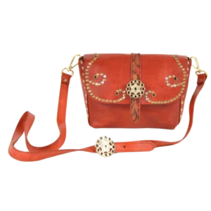 Borsa in pelle arancione dalle medie dimensioni e borchiata con strass neri e bianchi