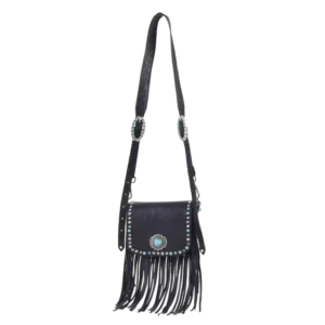 Borsa in pelle nera con frange in stile western e borchie turchesi