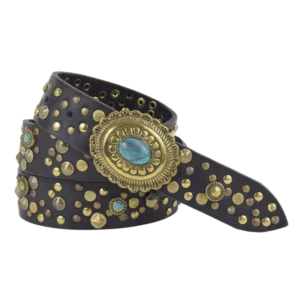 Cintura in cuoio nero tutta borchiata a mano con simil pietre turchesi
