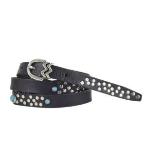 Cintura in cuoio nero borchiata con borchie argento e simil pietre turchesi