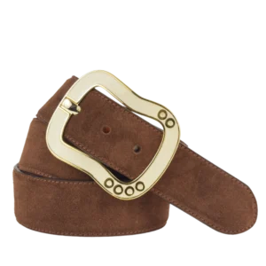 Cintura in camoscio marrone con fibbia smaltata color crema e oro