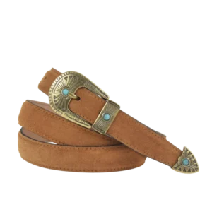 Cintura in pelle scamosciata color marrone e trittico oro con simil pietra turchese in stile western