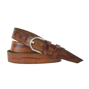 cintura in cuoio dipinta a mano sui toni caldi della terra. fibbia argento