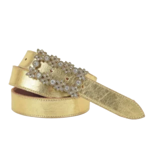 Cintura in pelle laminata oro con fibbia gioiello piena di strass
