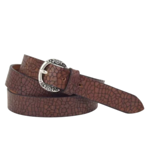 cintura in cuoio laserato color marrone e fibbia argento con ricami floreali