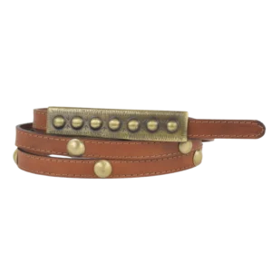 Cintura sottile in pelle marrone e borchiata con borchie a sfera color ottone