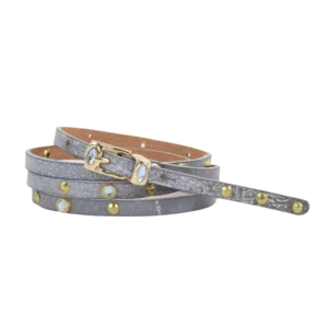 cintura in pelle sottile con fibbia gioiello e strass celesti