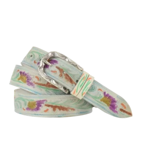 Cintura in cuoio bianco stampata a fuoco e dipinta a mano con colori accesi