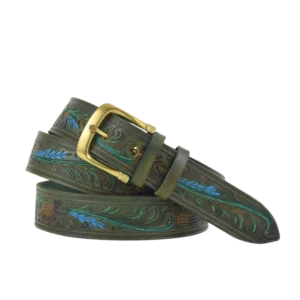 Cintura in cuoio verde, stampata a fuoco con motivi floreali e dipinta a mano