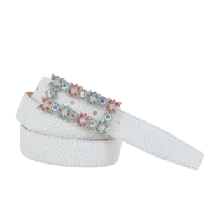cintura in pelle stampata effetto buccia d'arancia color bianco e fibbia gioiello con strass colorati