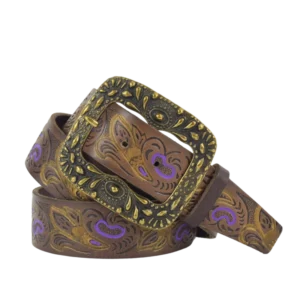 Cintura in pelle stampata e dipinta a mano sui toni del viola e oro