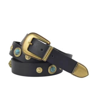 Cintura in cuoio nero borchiata stile western con turchesi